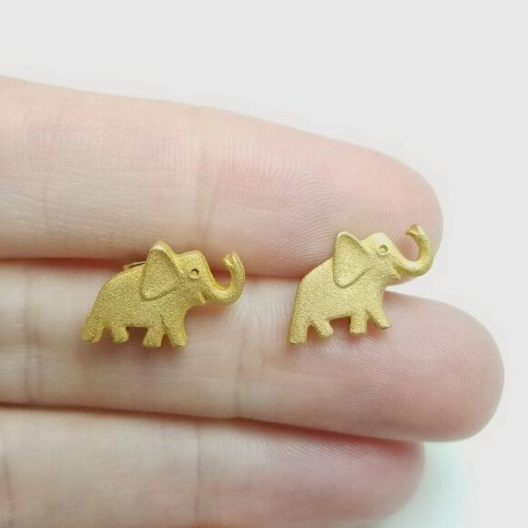 Vintage Elephant Shape Stud Earrings, Gold Tone Small Animal, Trunk Up, Estate - Picture 5 of 6